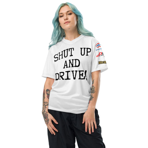 SHUT UP AND DRIVE! Recycled unisex sports jersey